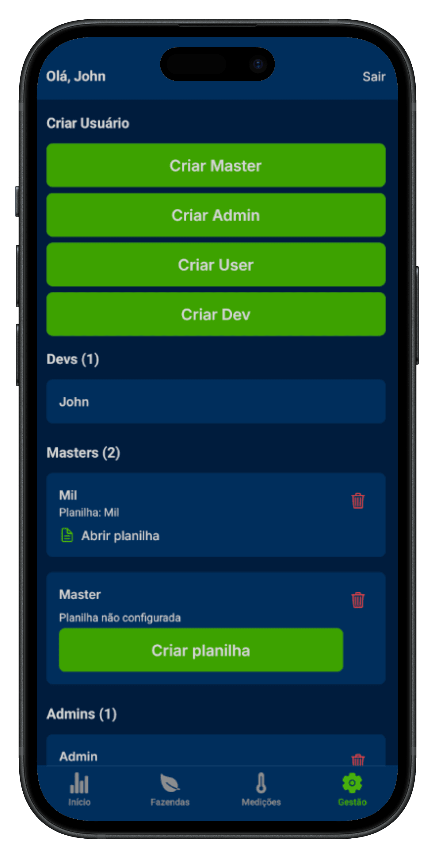 Management mockup — dark theme