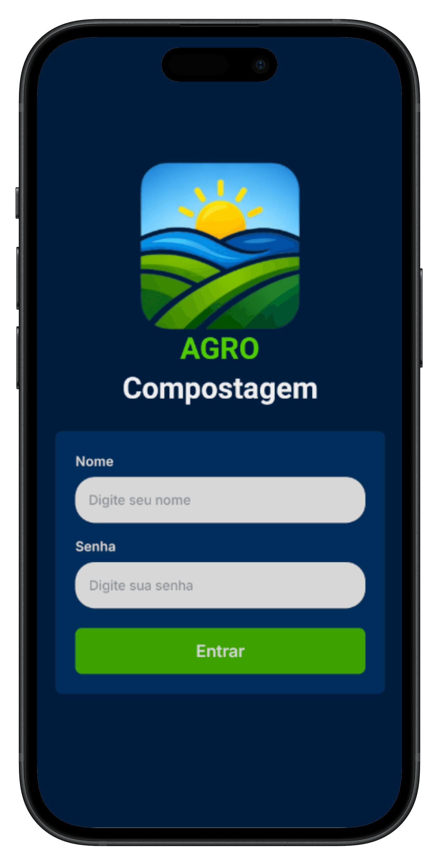 AGRO Compostagem mobile login mockup — dark theme