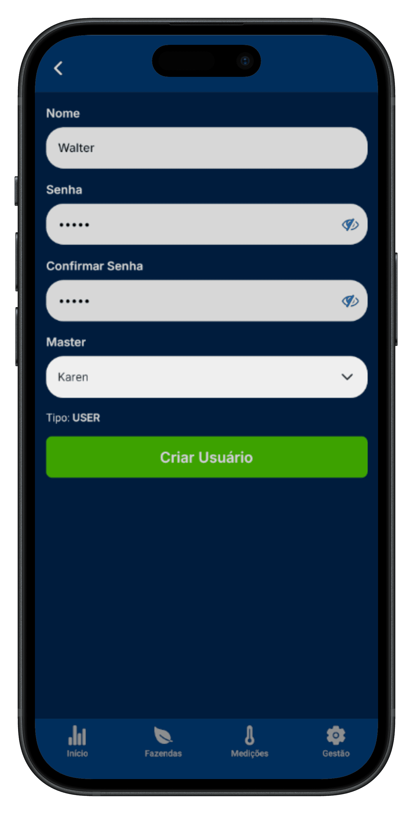 Create user (MASTER) mockup — dark theme