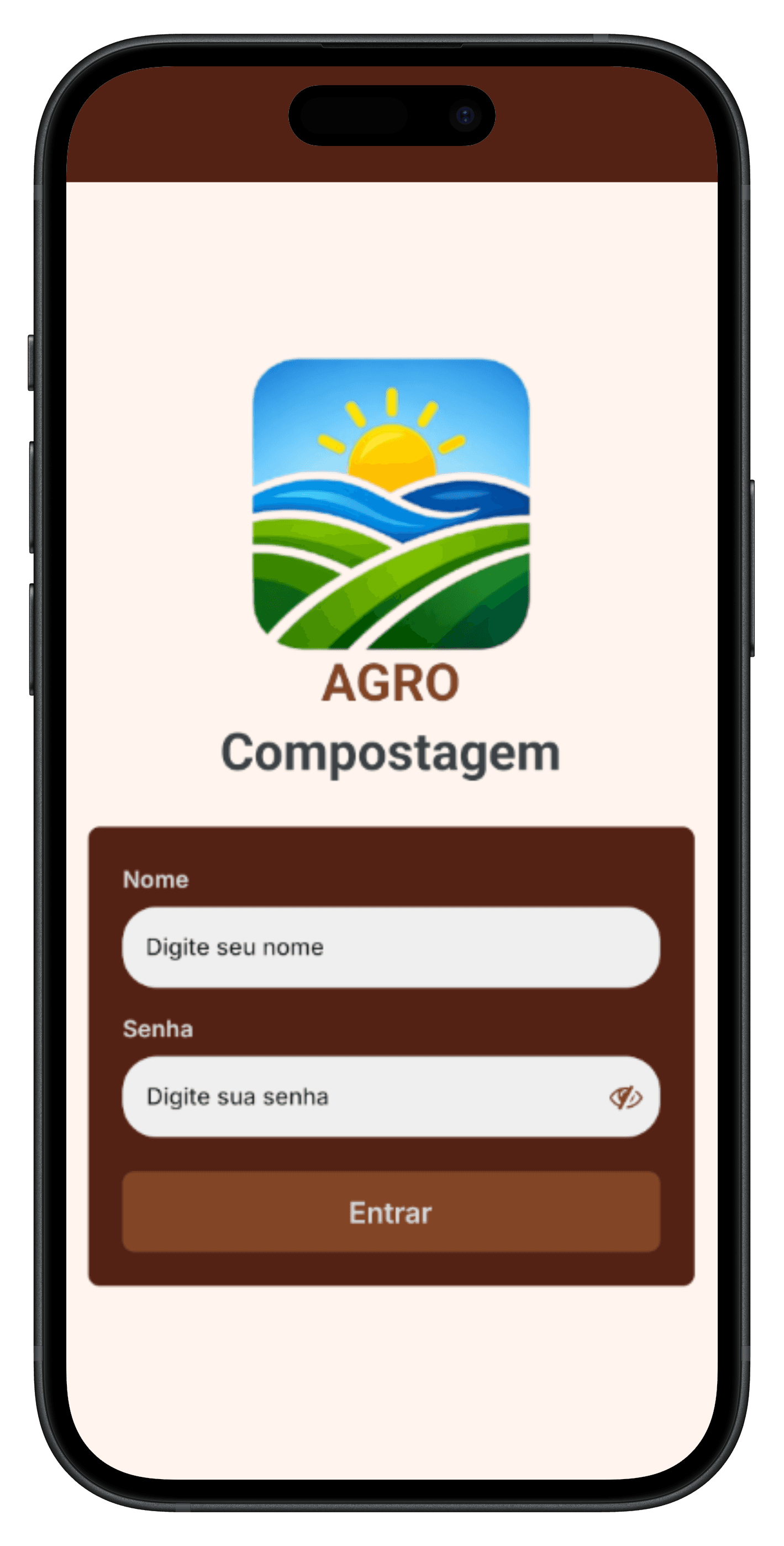 AGRO Compostagem mobile login mockup — light theme