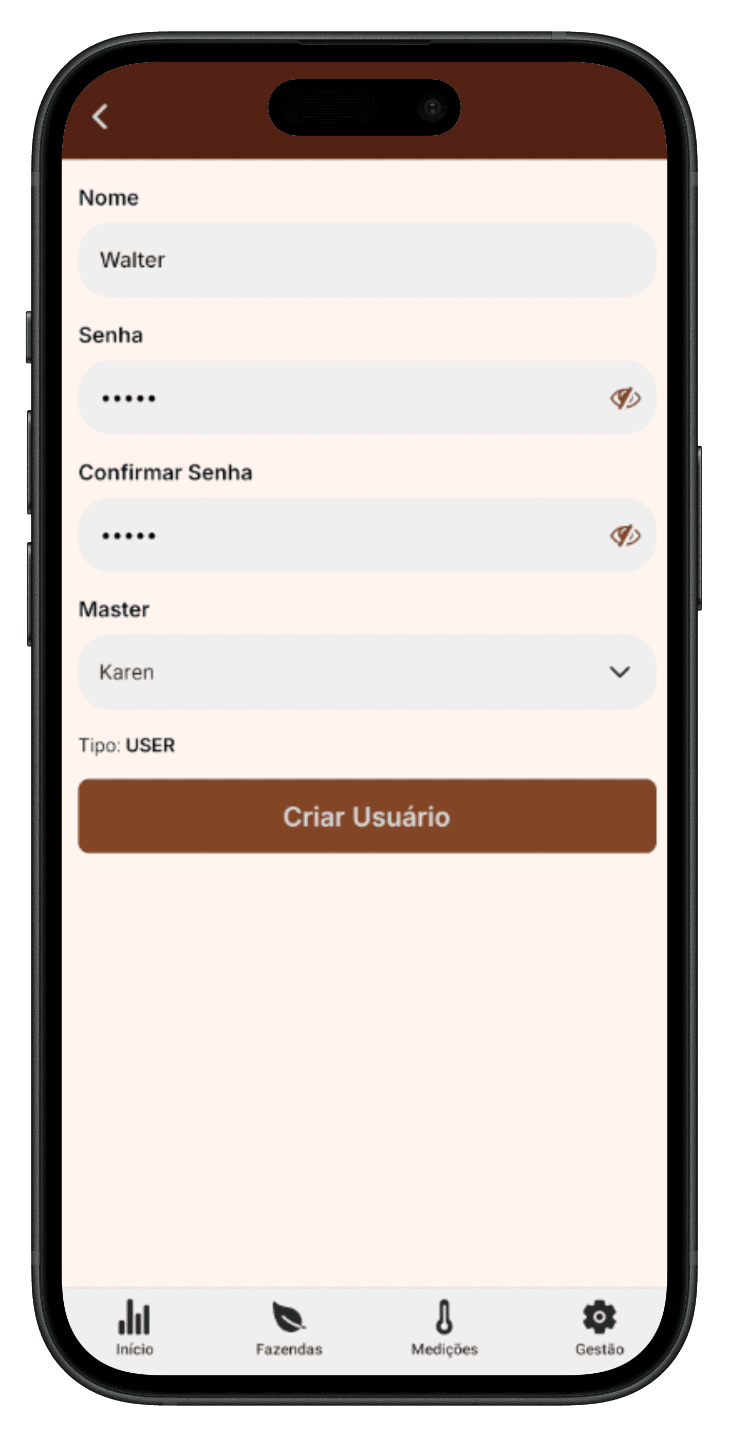 Create user (MASTER) mockup — light theme