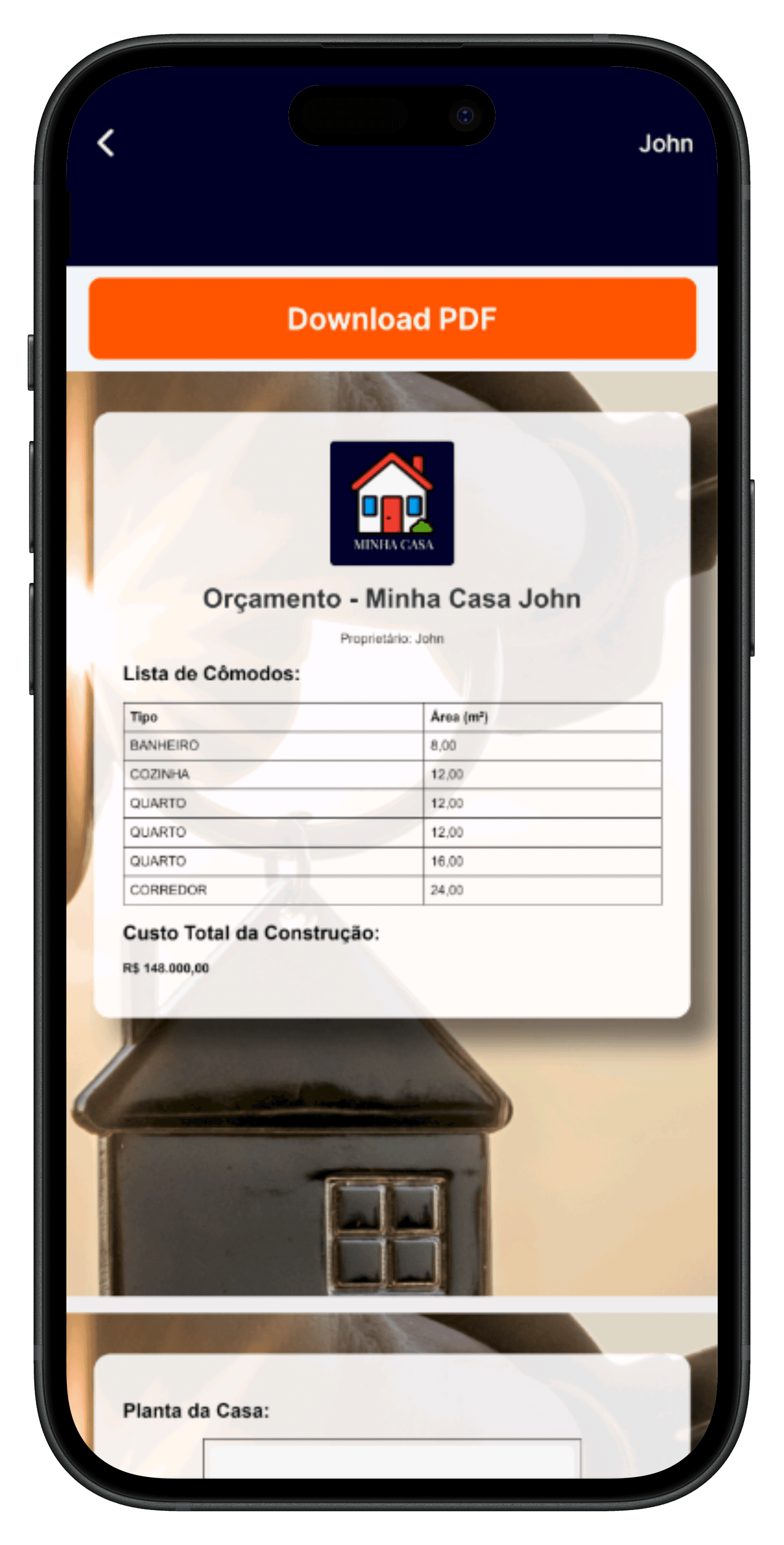 Minha Casa mobile budget screen with PDF preview